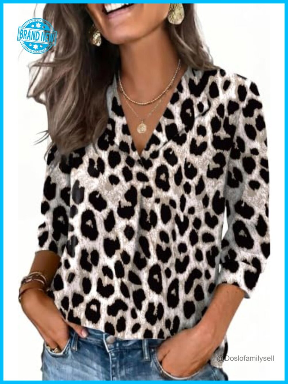 Womens 3/4 Sleeve Blouse V-Neck Relaxed Fit Business Casual Top